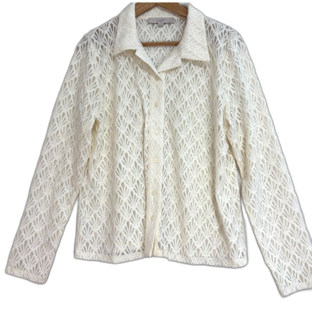 Loft Lace Button Down‎ Shirt Womens XL Ivory Sheer Soft Career Office